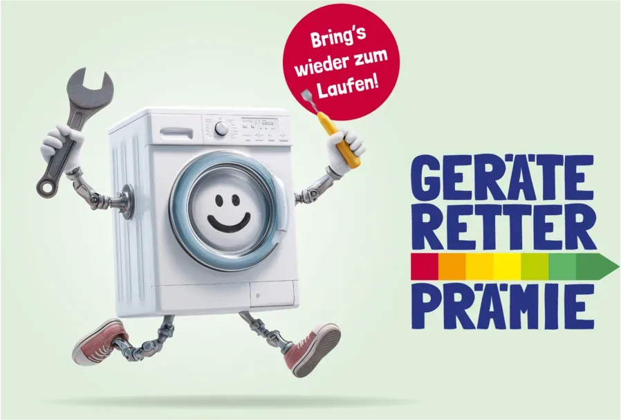 Geräte-Retter-Prämie: Waschmaschine mit Werkzeug und dem Satz Bring's wieder zum Laufen.