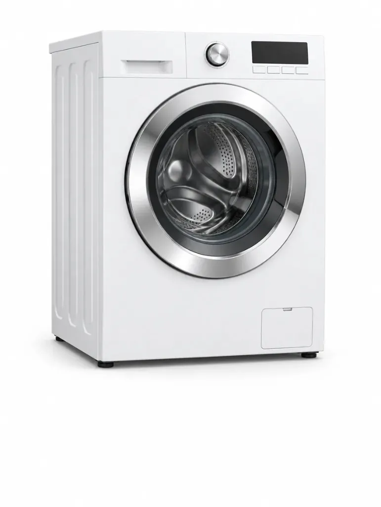 Weiße Waschmaschine mit runder Glastür vor hellem Hintergrund.